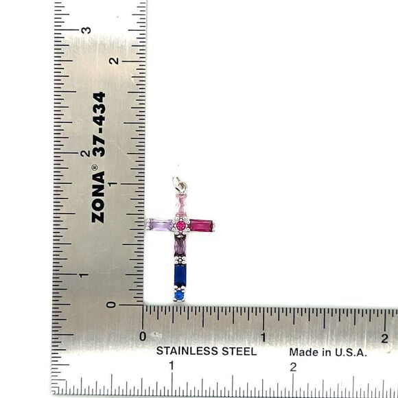 925 Silver Multicolor Stones Cross Pendant - Picture 4 of 4
